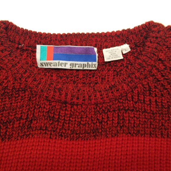 Sweater Graphix Large Men Pullover Sweater Warm Knitted Thick Casual Red Blk VTG - Picture 4 of 6